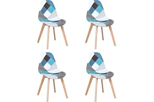 BenyLed Juego de 4 Sillas de Comedor Sillas de Patchwork con Patas de Madera Sillón Escandinavo para Cocina, Sala de Estar, Cafetería, etc. (Azul)
