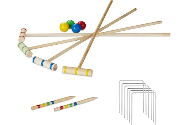 Relaxdays Krocket spel, 4 spelare barn vuxna komplett set med väska Croquet Set trä S, natur, EU