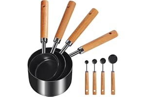 Cuteefun Messbecher und MesslöFfel, 8 Stück, Holzgriff, Mit Metrischen und US MaßEn, Premium Edelstahl, Schwarz Poliert, Trockener & FlüSsiger Messbecher, Zum Kochen, Backen, Getränke