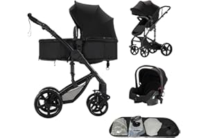 AVEAINELLE Poussette 3 en 1, poussette bidirectionnelle, nacelle cosy et capote inclus, pour naissance bébés de 0 a 3 ans (Noir)
