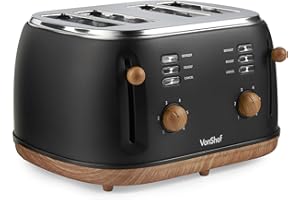 VonShef 4 Slice Toaster - Nordic Matte Black Design, 6 Browning Settings, Wide Slots, Defrost, Reheat and Cancel Functions, Removable Crumb Tray, High Lift Lever & Cord Storage - Fika Range
