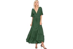 R.Vivimos Abito Boho Estivo Donna Abito Sexy Scollo a V Bottoni Manica Corta Vestito Elegante con Volant Orlo Abito Lungo Maxi da Spiaggia Casual per Le Vacanze