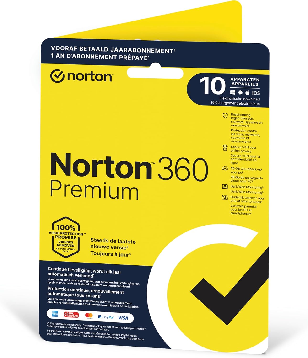 Norton 360 Premium 2025, 10 apparaten, 1 jaar, Apparaatbeveiliging, Dark Web Monitoring, Secure VPN en wachtwoordbeheer, PC/Mac/iOS/Android