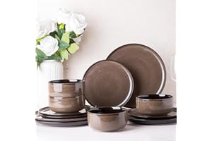 LeRatio Dinner Set for 4, 12 Pieces Stoneware Plates and Bowls Set, Chip & Scratch Resistant Reactive Glazed Dinnerware Set, Dishwasher & Microwave Safe Crockery Set, Chocolate Malt