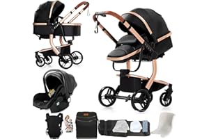 Nine point nine PU-Leder Kinderwagen 3 in 1, Kinderwagen Set mit Umkehrbarem Doppelschiebemodus, Kombikinderwagen 3 in 1 Bequemer Babywanne, Kombikinderwagen Rahmen Aluminiumlegierung (L518 Black)
