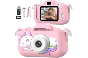 Mgaolo Kids Camera Toys for 3-12 Years Old Children Boys Girls,HD Digital Video Camera with Protective Silicone Cover,Christmas Birthday Gifts with 32GB SD Card (Cat Pink)