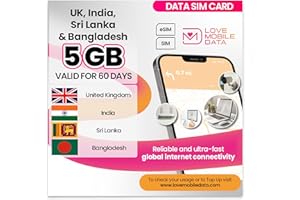 LOVE 2 SURF Love Mobile Data Only Sim Card - International Multi-Network 4G/5G Prepaid Pay As You Go Data Sim for Mobile Phones, WiFi Routers & More, UK, India, Bangladesh & Sri Lanka - 5GB for 60 Days