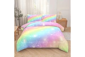 Tabeskly Kids Girls Rainbow Bedding Duvet Covers Set Double, Cute Soft Zipper Childrens Full Bed 3 Piece Quilt Covers and Pillowcases Small Mildly Cosy Budget Bedclothes 200×200cm