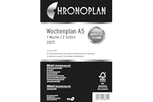 ‎CHRONOPLAN Chronoplan 50235 Kalendereinlage 2025 (Wochenplan A5 (148x210mm) Ersatzkalendarium für Terminplaner, ideal für detaillierte Wochenplanung, 1 Woche auf 2 Seiten in Spalten, mit Universallochung) weiß