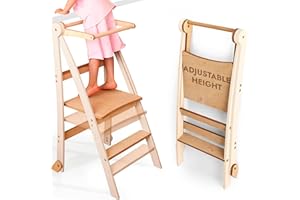 GOODEVAS Tour d'apprentissage Montessori en bois : tabouret pliable pour enfants, hauteur réglable à 2 niveaux et protection