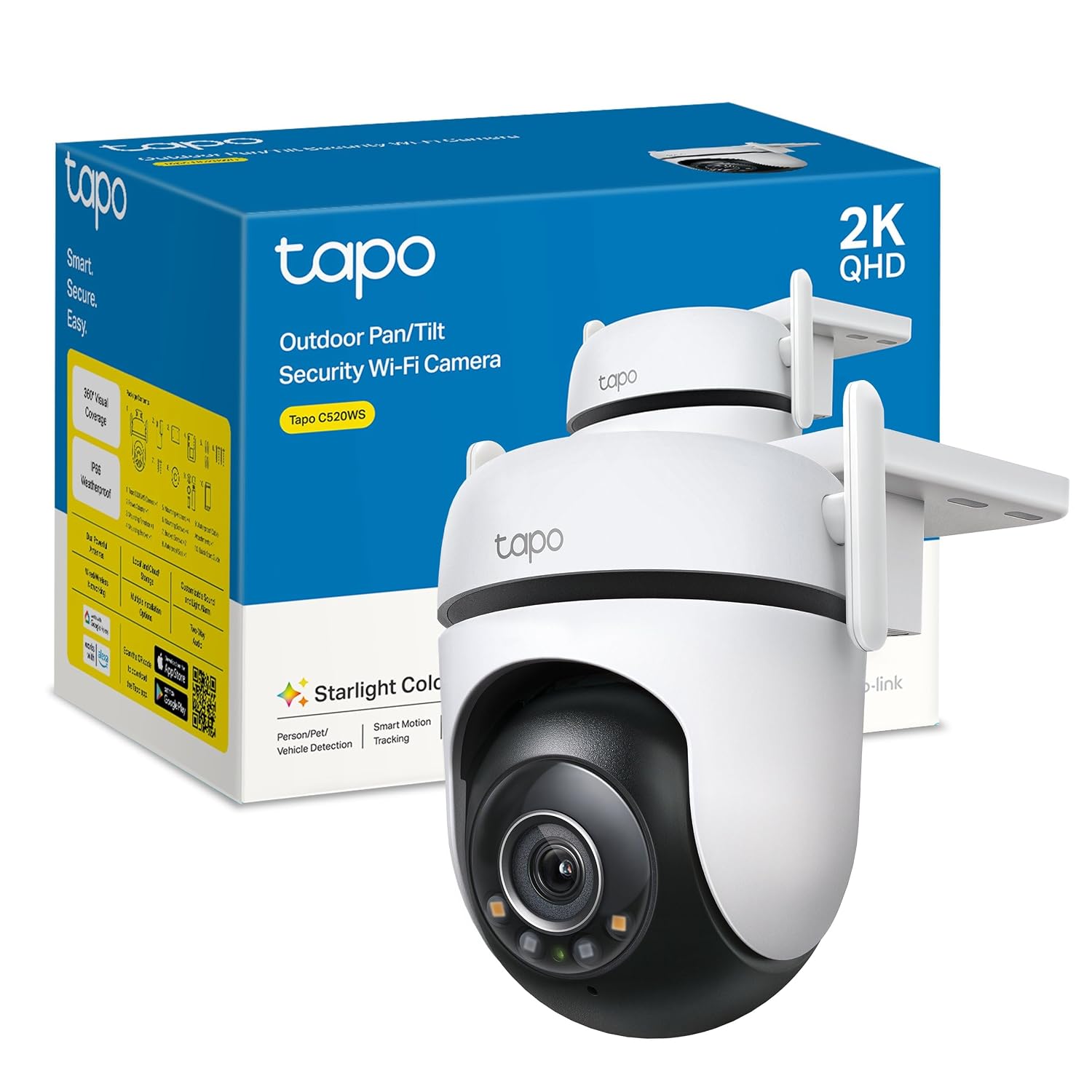 Tapo C520WS - Cámara de Vigilancia WiFi Exterior 360º, 2K QHD, Detección IA | Detección de Movimiento, Personas, Mascotas, Vehículos y más. Visión Nocturna a Color. Alarma Luz y Sonido. Admite MicroSD.