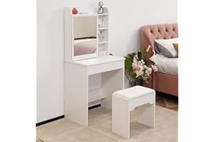 LEMROE Postazione Trucco Bianco Toilette Trucco con Sgabello per Signore Toletta con 7 Ripiani e 1 Cassetto Grande Toletta da Trucco con Specchio Scorrevole