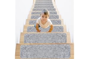 Scoutteemo Stairs carpet mats, 55 * 20CM self-adhesive floor stair carpets treads non slip rectangular rug, carpet treads for solid wood stairs, safety washable rug for kids elders and pets 14Pcs