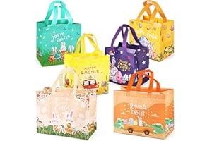 AVISKI Lot de 6 sacs de chasse aux œufs de Pâques, tailles assorties, sacs à œufs de lapin carotte poussin avec poignées, sacs à friandises, sacs non tissés pour emballage de cadeaux, chasse aux œufs