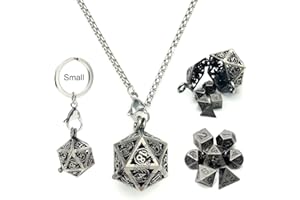 Haxtec Mini Metal D&D Dice Set With Antique Iron Hollow D20 Necklace & Portable 7-Piece Dice Case