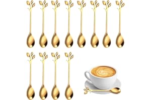 DULUOK 12 Piezas de Cuchara de Café de Hoja de Acero Inoxidable, Mini Cuchara de Café con Diseño de Rama, Cuchara de Postre, Juego de Cucharas de Té, para Agua, Leche, Café, Postre, Bebidas (Plata) (Oro)