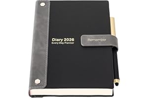 MLJTOYO Dziennik akademicki 2026, kalendarz 26, A5, strona dzienna, twarda okładka, organizer roczny, styczeń-grudzień 2026, miesięczny planer tygodniowy z długopisem, naklejkami, kieszenią wewnętrzną (czarny