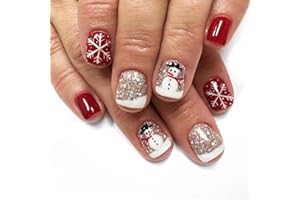 SHENGQIALUN 24pcs Christmas False Nails, Christmas Nails Short, Cute Stick On Nails With Red Nails Silver Glitter Snowflake Snowman Design, Glue On Nails for Women for Christmas DIY Nail Art