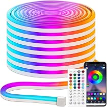 TENDIST 5M Flexible Neon LED RVB, IP68 Ruban LED Exterieur Etanche Bluetooth avec Smart App et Télécommande, 24V Néon Bande Musique Sync pour Terrasse, Balcon, Toit, Panneaux Muraux