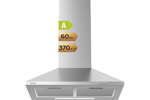 CIARRA CAS6201A Hottes Aspirantes 60cm 370m³/h Class A- Evacuation ou Recyclage -Filtre Charbon NON INCLUS - 3 Niveaux de Vitesse - Hotte Murale - Inox