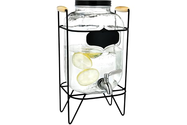 Navaris Distributeur de Boisson en Verre - Fontaine 5 L avec Robinet Couvercle et Support en métal - Carafe Eau Boissons Froides et Chaudes