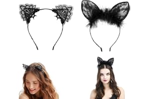 HXLJHALG 2Pcs Cat Ears Headband, Makeup Party Lace Cat Ears Headband,Halloween Carnival Party Masquerade Cosplay Sexy Women Lace Hair Accessories