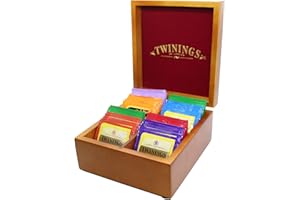 ITC Luxury Wooden Oak and Red Velvet Lined Finish Tea Chest 4 Compartments with 40 Tea Bags, Box, Caddy