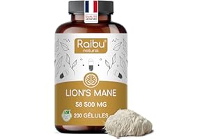 RAIBU Lions Mane Champignon - 58 500 mg Extrait d’Hericium erinaceus 30:1 - Pour le Cerveau & le Bien-Être - Crinière de Lion avec Poivre Noir & Vitamine C - 30% en Polysaccharides, Sans Additifs