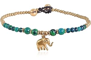 AeraVida Noble Elephant with Malachite & Fashion Brass Beads Link Anklet | Classic Brass Beads Link Anklet | Casual Bangle Anklet for Women | Gift for Women