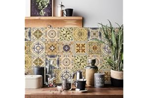 INDABYO 20pcs Moroccan Tile Stickers, Light Brown Kitchen Bathroom Wall Tile Stickers Peel and Stick on Tile Transfers Covers Decals Self Adhesive Vinyl Waterproof Vintage Mosaic Art (15cm x 15cm, 6x6 inches)