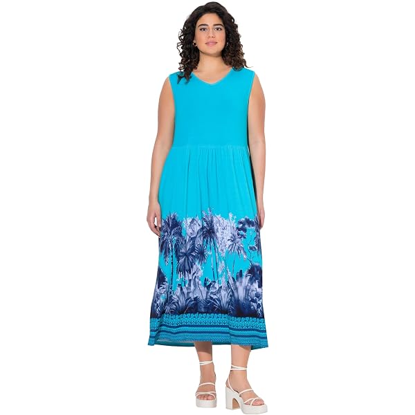 Ulla Popken Robe Femme Midi En Jersey Imprimée - Ligne A Col V Avec Manches Réglables, 100% Coton