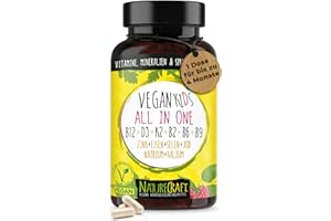 ‎NATURECRAFT Vegan Kids All-in-One - Vitamin B12+D3+K2+B2+B6+B9 Folsäure + Zink + Eisen + Selen + Natrium + Kalium + Jod - Komplex für Kinder mit 120 Kapseln (max. 4 Monats-Vorrat)…