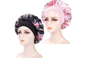 ALILEADER 2PCS Silk Bonnet for Sleeping, Soft Elastic Band Hair Bonnet for Black Women, Satin Bonnet Sleep Cap for Curly Hair, Breathable Satin Sleep Cap (Pink+Black)