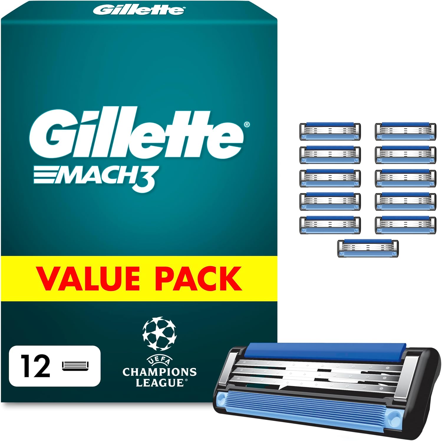 UEFA Champions League Special Edition Gillette Mach3 Men’s Razor Blade Refills, 12 Count, Engineered with Precision Cut Steel for Up to 15 Shaves Per Blade