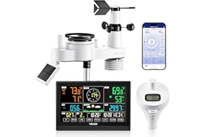 VEVOR Estación Meteorológica Solar Wifi 7 en 1, con App, Pantalla de 190,5 mm, Sensor Solar Inalámbrico para Exterior, Termómetro de Piscina, Pluviómetro, Pronóstico del Tiempo, Velocidad del Viento