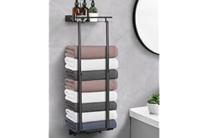 LIVEHITOP Towel Rack, Towel Storage Self Adhesive 81cm Adjustable Pole 41-72CM Stable Wall Mounted Towel Holder Bathroom Black with Shelf Hooks
