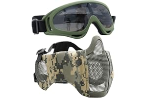 Yzpacc Airsoft Maske mit Brille, Faltbare Half Face Airsoft Mesh Maske mit Ohrenschutz für Paintball Schießen Cosplay CS Spiel
