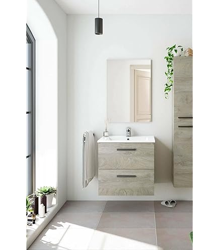 Mobile Bagno Sospeso Kiamami Valentina 60 Cm - Grigio, Con Lavabo Ceramica, Specchio, Salvaspazio - Foto 9