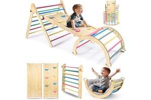 Naxudcoo Toddler Climbing Frame With Mat：5 In 1 Rainbow Wooden Toddler Climbing Toys Pikler Triangle Set, Montessori Toys For Children, Climbing Toys Indoor Climbing Frame For 1-3 Year Toddlers