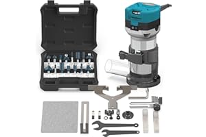 HOMDMARKET Fresadora de Madera, 800W Herramienta manual para fresar madera, fresadora de mano para trabajar la madera, 6 velocidades variables, base fija con capucha para el polvo 15PCS brocas para fresar