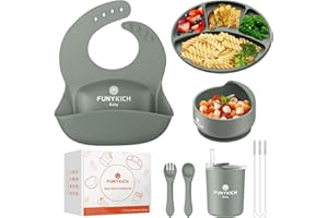 FUNYKICH 7Pcs Vajilla Bebés de Silicona Ventosa Verde, Juegos Sin BPA Vajilla Antideslizante Bebés, con Platos, Tazón, Cuchara, Babero, Tenedor, Taza, Cepillo de Pajitas, para Infantil