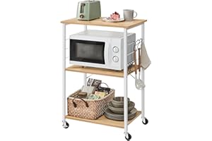 VASAGLE Estantería de Cocina con Ruedas, Carrito de Servicio de 3 Niveles, Estantería para Microondas, Marco de Metal con 6 Ganchos, 40 x 60 x 89 cm, Roble Dorado y Blanco Nube KKS060Y09