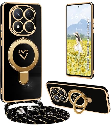 Cover Con Laccio E Supporto Per Xiaomi Redmi Note 14 Pro 5G – Custodia Galvanica Glitter Con Anello E Magnete Auto, Nero
