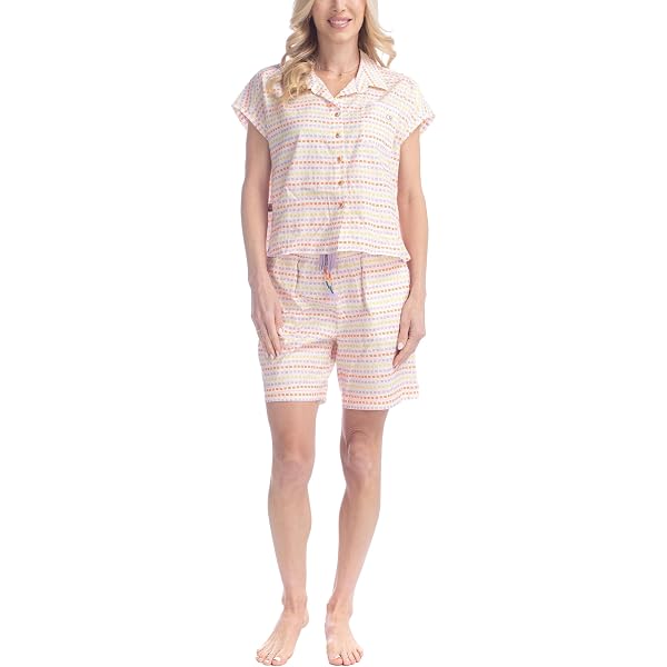 Bella Il Fiore Women's Seersucker Pajama Set - Ultra Soft Short Sleeve PJ With Ruffles (Size L, Lime) - View #7