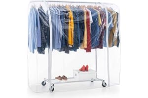 Tatkraft Duncan & Big Penderie Tissu, Penderie sur Roulette, avec Étagère, Portant Vêtement Solide 100kg Capacité, avec Housse Waterproof Transparent