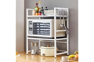 PANTANAL Expandable Microwave Oven Rack, Telescopic Kitchen Counter Storage Organizer with 6 Hooks, Free Standing Adjustable Spice Rack, Heavy Duty Microwave Stand Baker's Rack Pot & Pan Rack (3-Tier White)