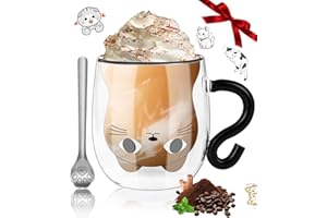 ZOFORY Filiżanka z podwójnymi ściankami, 290 ml, szklanka do kawy, do herbaty, z łyżeczką, słodki kot, z uchwytem, prezent dla kobiet, dla miłośników kotów, do cappuccino, latte macchiato