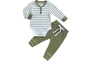 JiAmy Ubranie dla chłopców z długim rękawem, w paski, śpioszki + spodnie, zestaw dla noworodka, miękka bawełna, odzież dla niemowląt w wieku 0-24 miesięcy