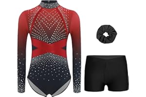 RUNQHUI Fille 3 Pièces Ensemble Gymnastique Justaucorps Manches Longues avec Short et Bandeau des Cheveux Tenue Gymnastique Strass pour Compétition Spectacle