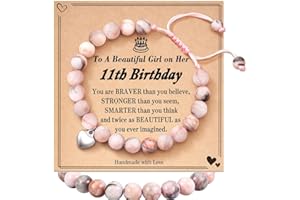 BENIFILE Strength Natural Stone Healing Bracelet, 11 Year Old Girl Birthday Gifts Pink Zebra Anxiety Crystals Bracelet for Daughter Teenage Granddaughter BFF Sister Niece 11th Presents with Card